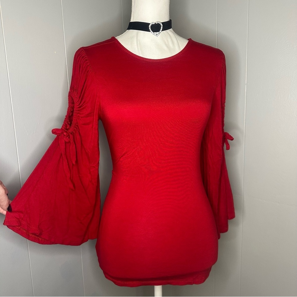 Cupio Red Ruched Bell Sleeve Top – Criss Cross Back Y2K Romantic Fairycore